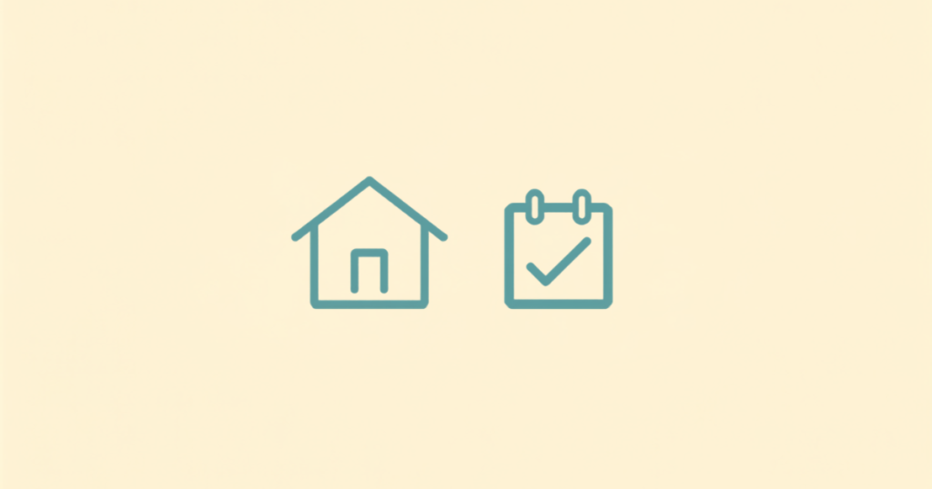 Simple line icons of a house and a checked calendar, symbolizing a calm plan to keep a home secure